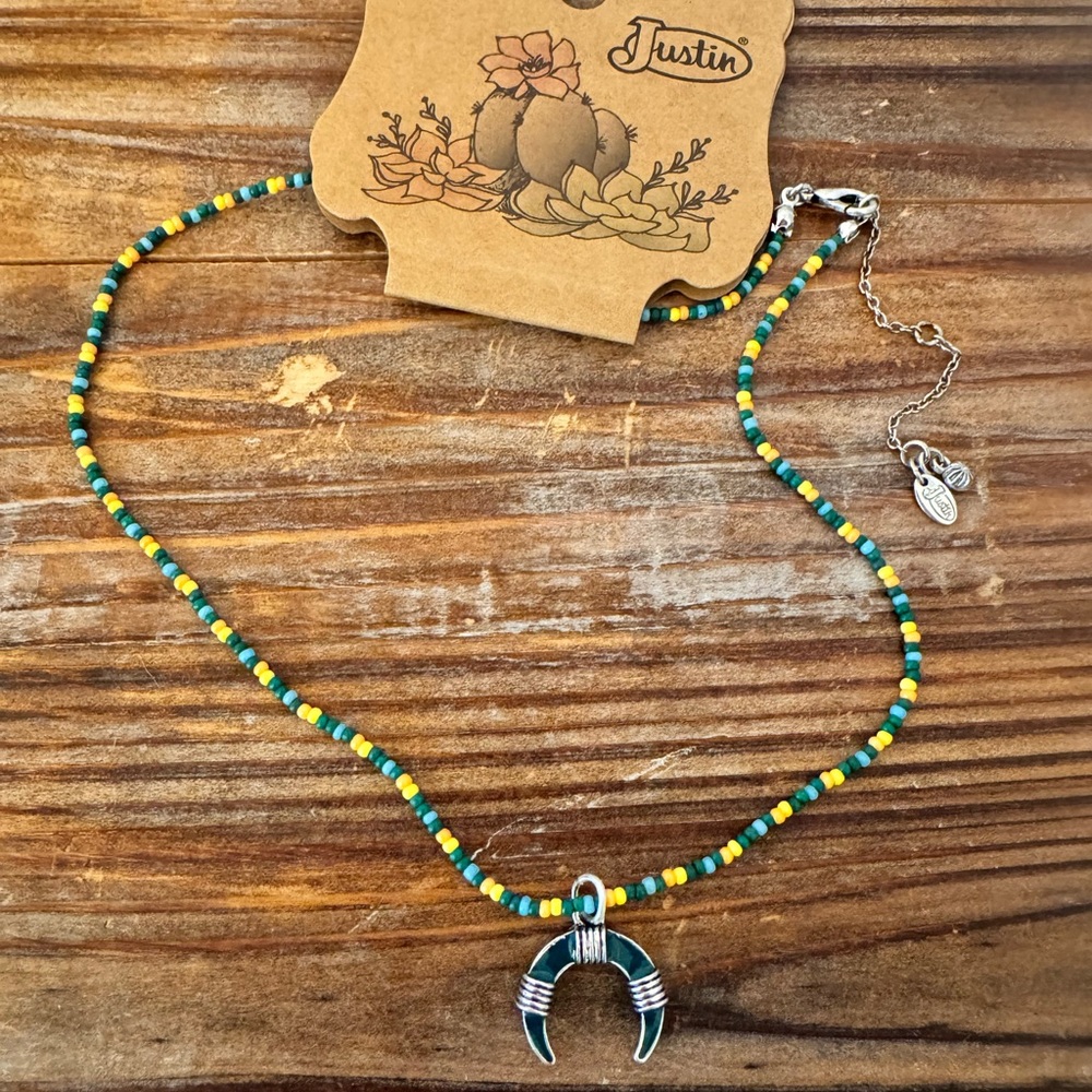 Justin Boots Western Silver and Green Crescent Charm on Beaded Necklace NEW